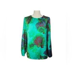 J. Crew Turquoise Floral Long-Sleeve Blouse Size L Pleated Neckline
